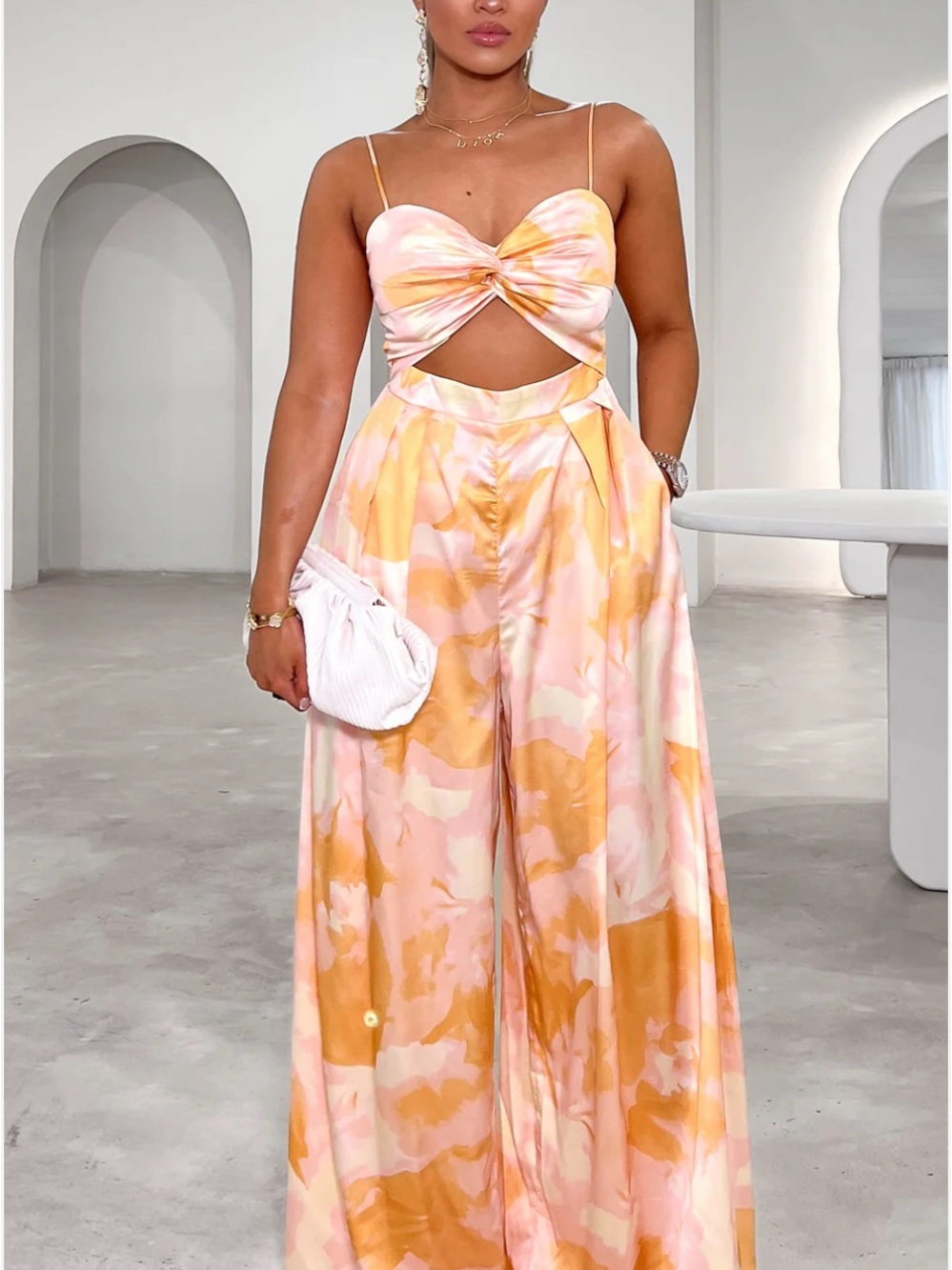 Twist-Front Pink & Orange Satin Cutout Jumpsuit